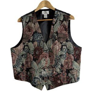 Vintage Tapestry Vest Women XL Sage Rose Black Floral 90s Waistcoat Granny Retro